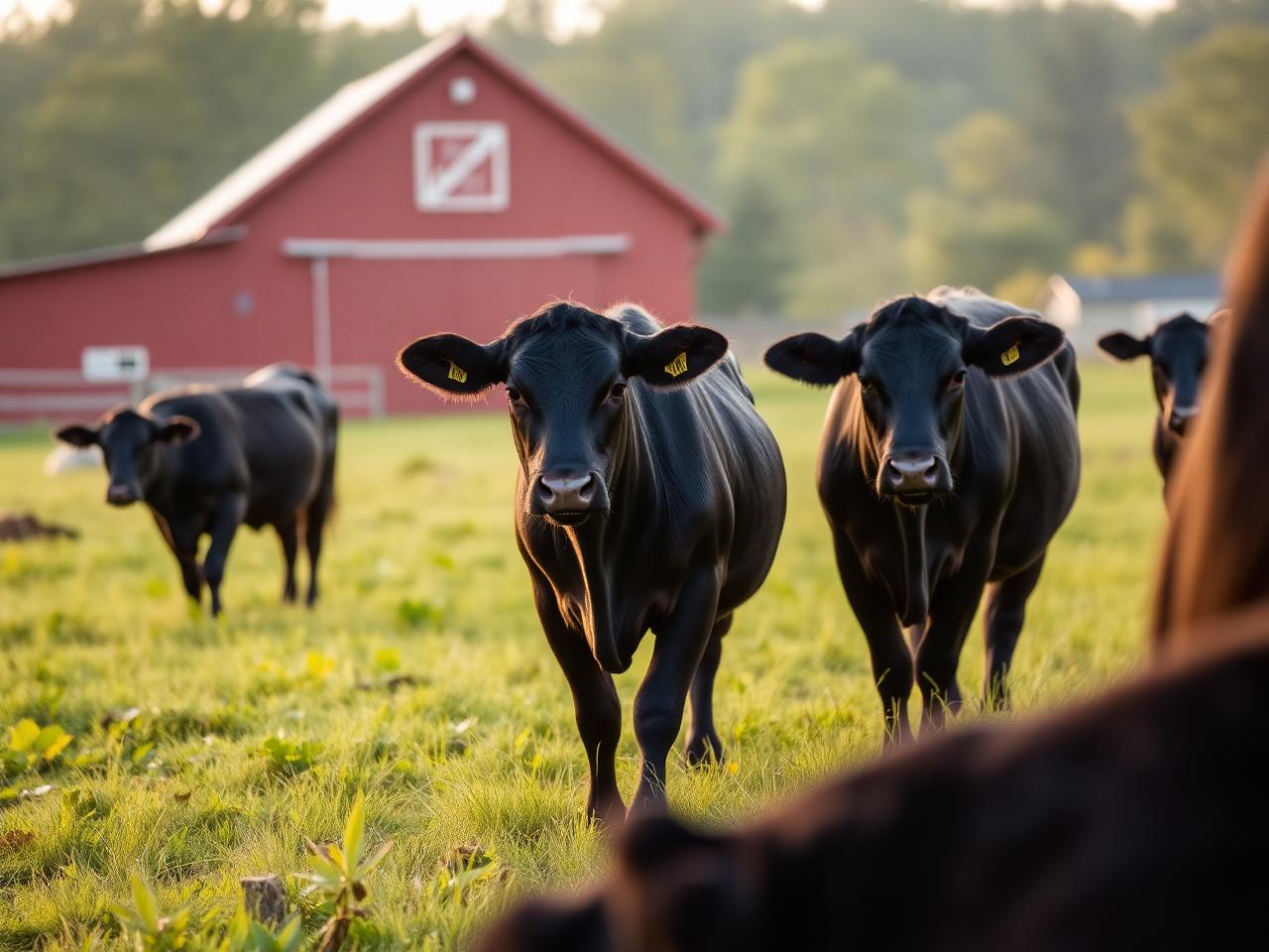 Black angus cattle in a Michigan pasture beside a red barn