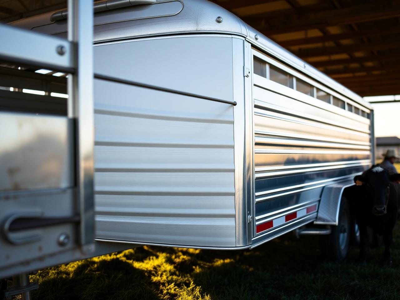 Clean aluminum gooseneck livestock trailer on a Michigan farm